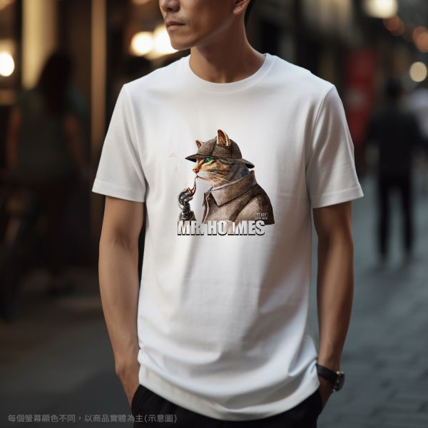 台灣TAIWAN自創品牌潮流T恤-圓領純棉短袖T(轉印)-pip-pep-福爾摩斯貓 印花T恤、插畫T、創意圖案T恤、MITT恤、台灣製T恤、高品質純棉T恤、情侶T恤、情侶裝T恤、情侶短袖