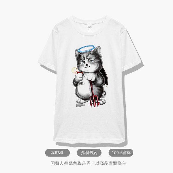 台灣TAIWAN自創品牌潮流T恤-圓領純棉短袖T-限定版(轉印)-惡魔貓 印花T恤、插畫T、創意圖案T恤、MITT恤、台灣製T恤、高品質純棉T恤、情侶T恤、情侶裝T恤、情侶短袖