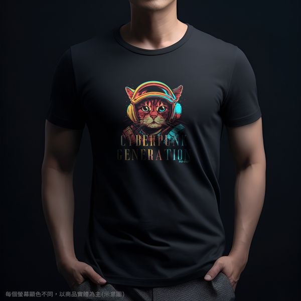 台灣TAIWAN自創品牌潮流T恤-圓領短袖T(轉印)-pip-pep-賽博龐克貓 印花T恤、插畫T、創意圖案T恤、MITT恤、台灣製T恤、高品質純棉T恤、情侶T恤、情侶裝T恤、情侶短袖