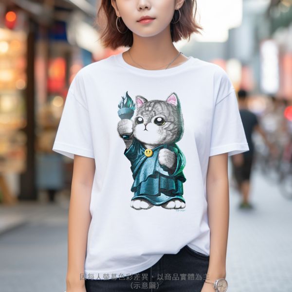 台灣TAIWAN自創品牌潮流T恤-圓領純棉短袖T-限定版(轉印)-自由女神貓 印花T恤、插畫T、創意圖案T恤、MITT恤、台灣製T恤、高品質純棉T恤、情侶T恤、情侶裝T恤、情侶短袖