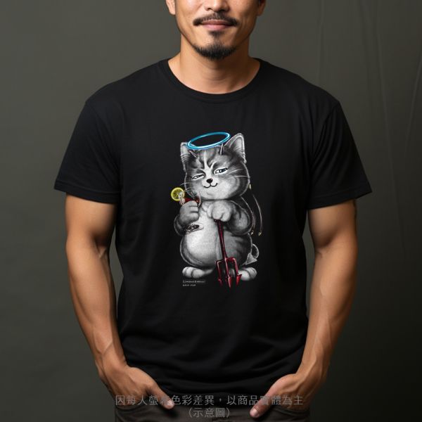 台灣TAIWAN自創品牌潮流T恤-圓領純棉短袖T-限定版(轉印)-惡魔貓 印花T恤、插畫T、創意圖案T恤、MITT恤、台灣製T恤、高品質純棉T恤、情侶T恤、情侶裝T恤、情侶短袖