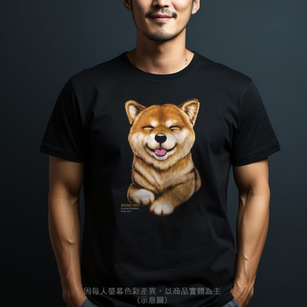 台灣TAIWAN自創品牌潮流T恤-圓領純棉短袖T-限定版(轉印)-笑臉柴犬 印花T恤、插畫T、創意圖案T恤、MITT恤、台灣製T恤、高品質純棉T恤、情侶T恤、情侶裝T恤、情侶短袖
