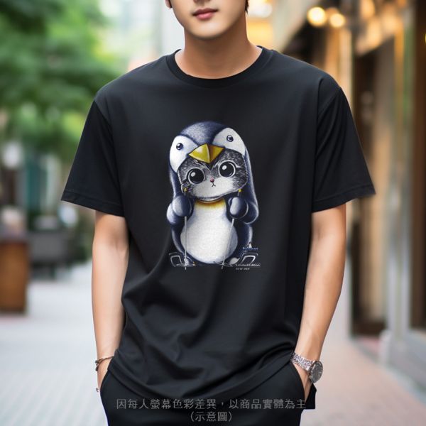 台灣TAIWAN自創品牌潮流T恤-圓領純棉短袖T-限定版(轉印)-企鵝貓 印花T恤、插畫T、創意圖案T恤、MITT恤、台灣製T恤、高品質純棉T恤、情侶T恤、情侶裝T恤、情侶短袖
