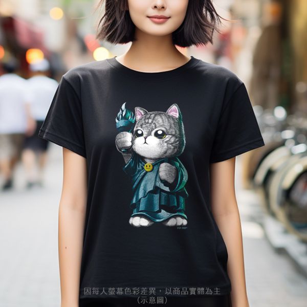 台灣TAIWAN自創品牌潮流T恤-圓領純棉短袖T-限定版(轉印)-自由女神貓 印花T恤、插畫T、創意圖案T恤、MITT恤、台灣製T恤、高品質純棉T恤、情侶T恤、情侶裝T恤、情侶短袖