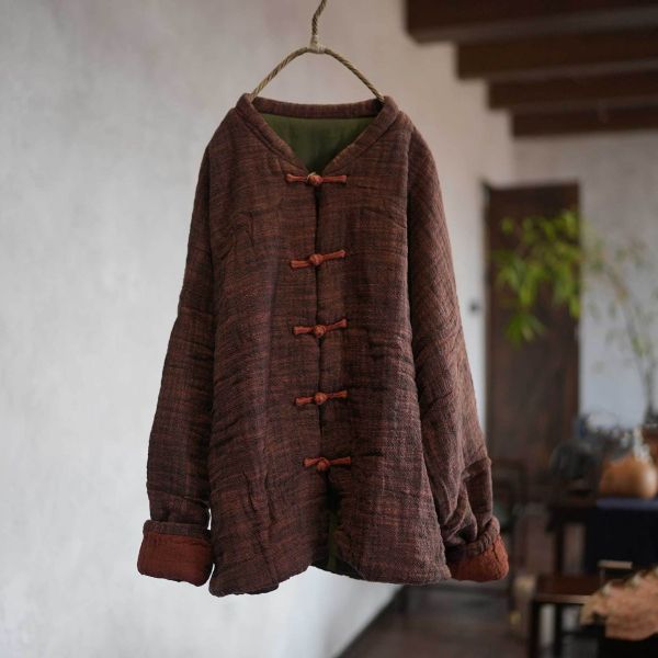 燕燕！手工盤扣 成衣水洗 高品質色織亞麻 加厚大版寬鬆盤扣棉襖外套 ab446101 