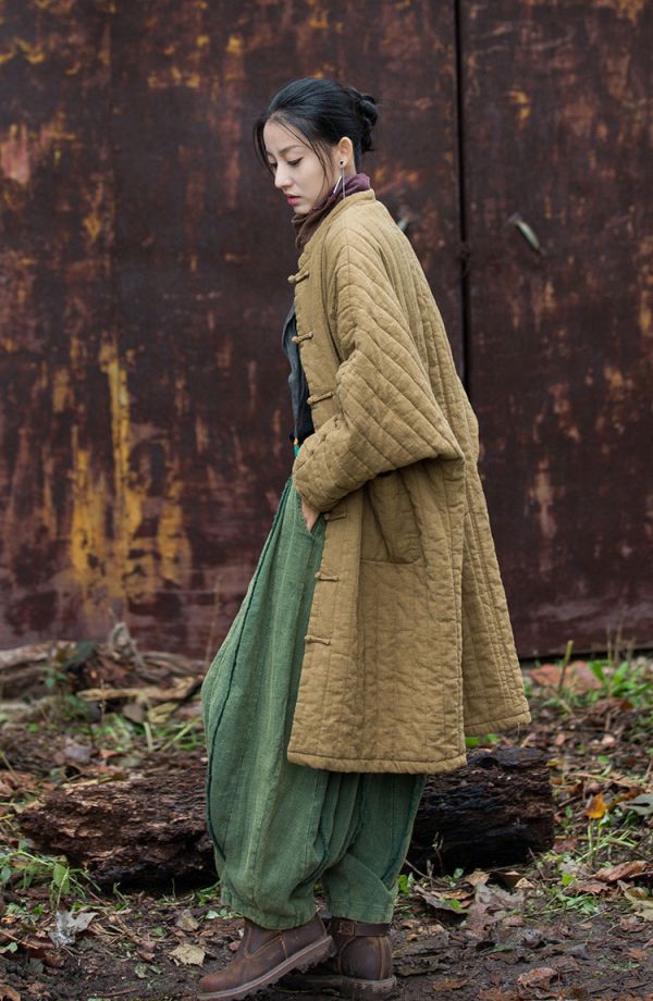 燕燕~冬季新款  苧麻夾棉絎縫豎格棉襖棉服流浪禪意 長袍子 棉衣外套 