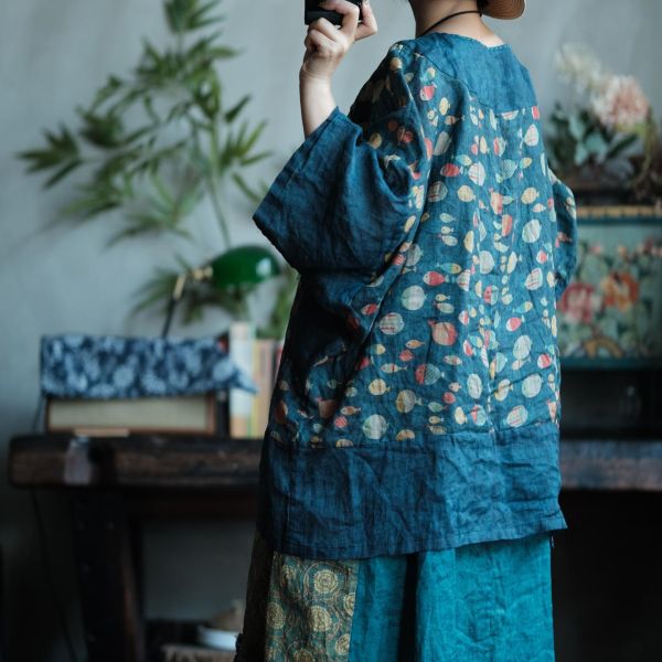 燕燕~棉麻商品~拼色復古文藝做舊人絲寬鬆大袖口中長斜襟襯衫 開襟衫 ab227801 