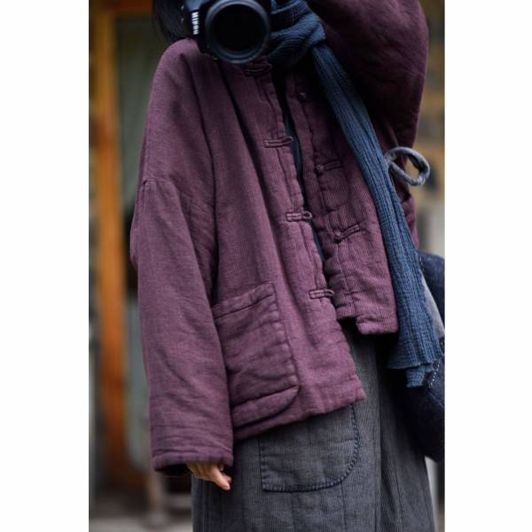 燕燕棉麻~~棉麻 簡約中式立領色織 盤扣寬鬆短款夾棉保暖服 外套 短大衣 