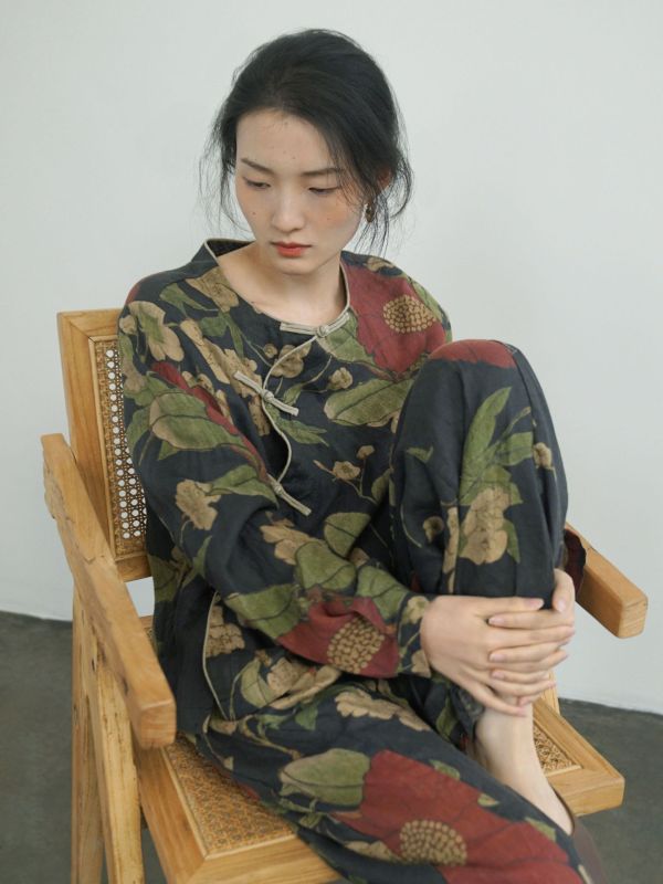 燕燕~亞麻 復古繁花圓領襯衫 民族感大氣斜襟盤扣上衣  ab2409301 