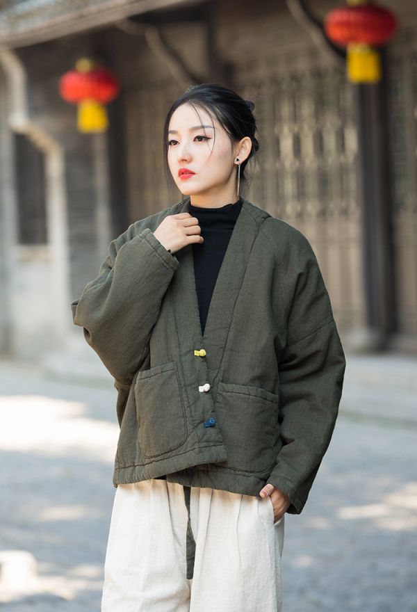 燕燕~棉麻商品~秋冬新品   復古盤扣夾棉上衣女式苧麻保暖短款棉衣外套 