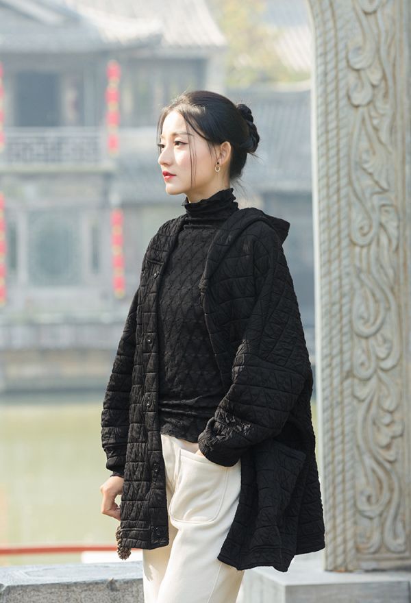 燕燕~棉麻商品~秋冬款 幾何絎縫格紋夾棉加厚改良禪意女式棉服棉衣外套 