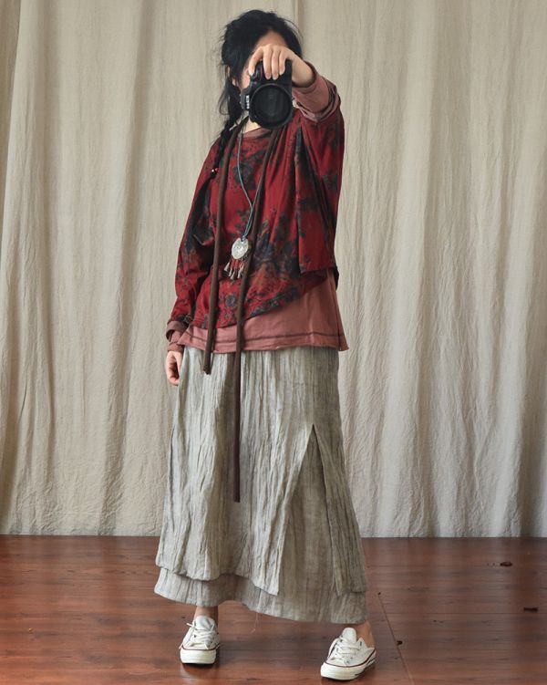 燕燕~數位印花圓領棉麻針織T恤 文藝圓領寬鬆短上衣 