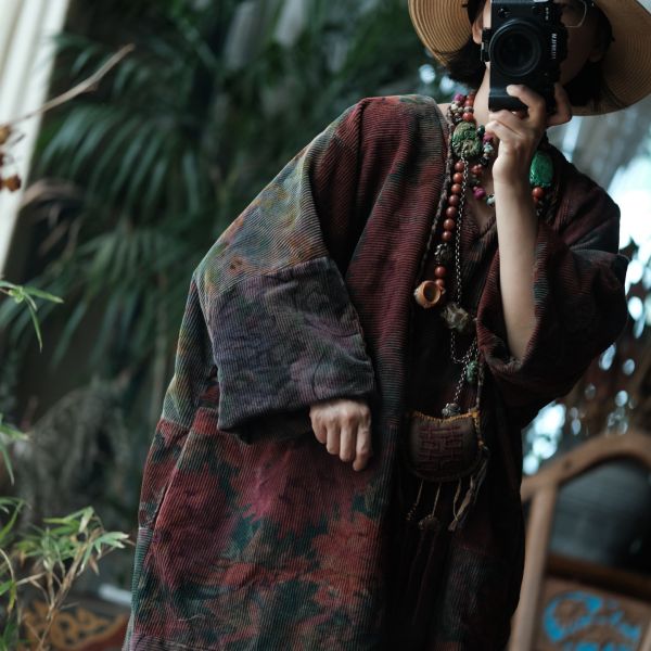 燕燕~秋冬新款 復古文藝V領拼布粗條絨棉袍洋裝 連身裙 ab222101 