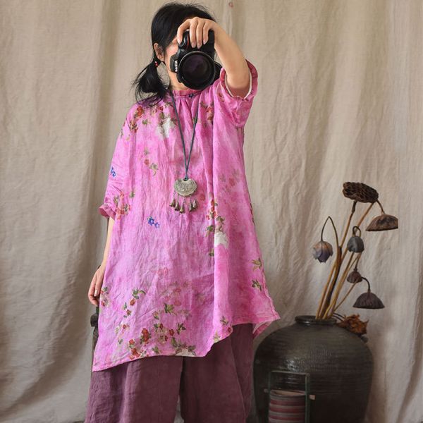 燕燕~棉麻商品 苧麻數碼印花中長款上衣 盤扣撞色荷葉領減齡七分袖棉麻衫 襯衫 