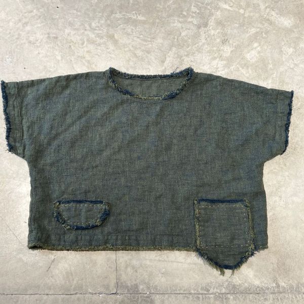 燕燕～早秋新品  色織亞麻材質 水洗毛邊套頭短外搭上衣 短袖棉麻衫 