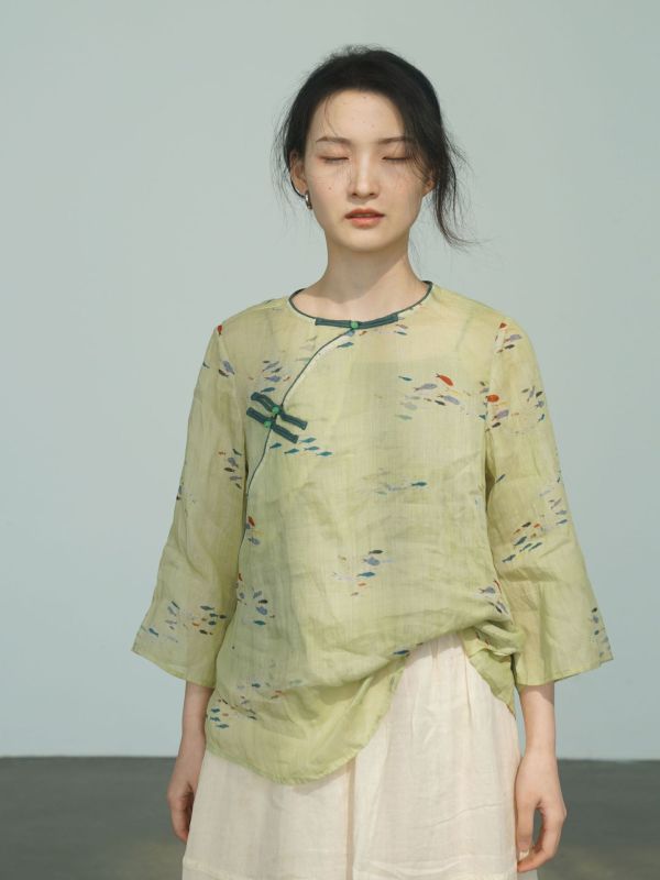 燕燕~中國風禪意數位印花珠扣上衣 文藝復古清涼斜襟襯衫 ab2408801 