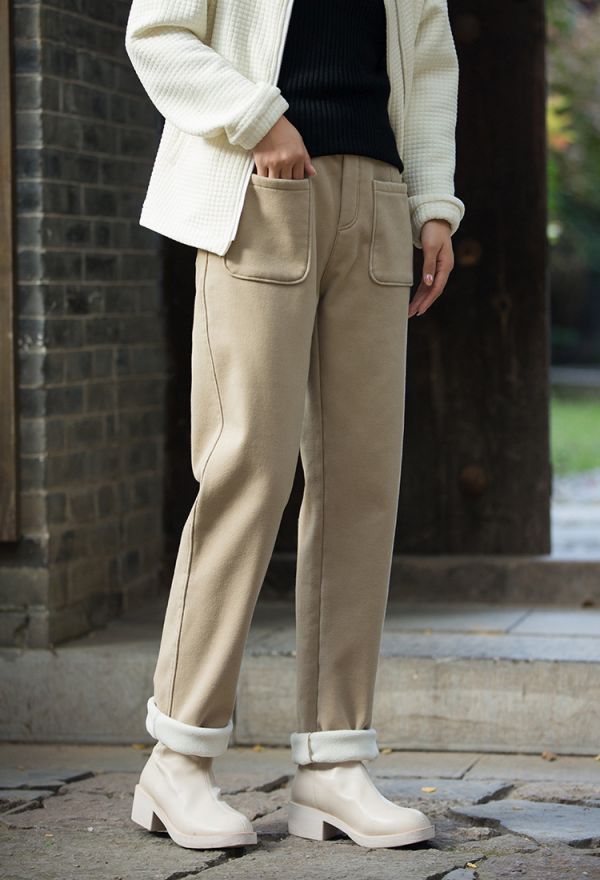 燕燕~棉麻商品~秋冬新款   時尚工裝風休閒褲加絨加厚保暖高腰女式直筒褲棉褲 長褲 