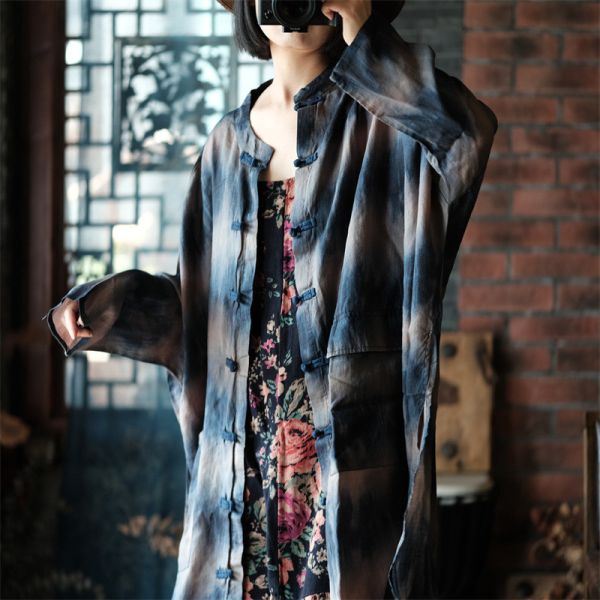 燕燕～ 純亞麻  色織寬鬆不對稱口袋對襟長外套 
