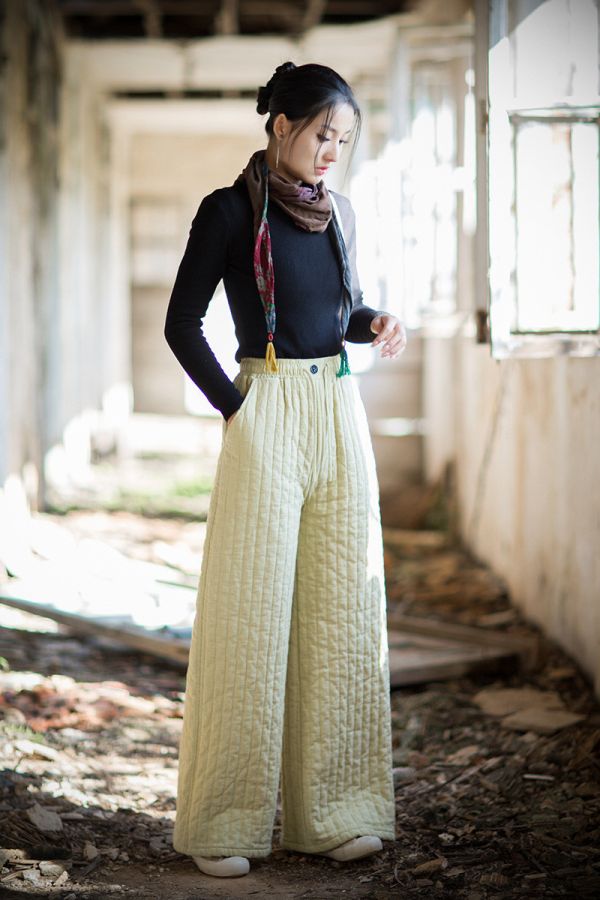 燕燕~冬季新品 苧麻夾棉豎格絎縫闊腿褲 加厚保暖高級感棉褲 