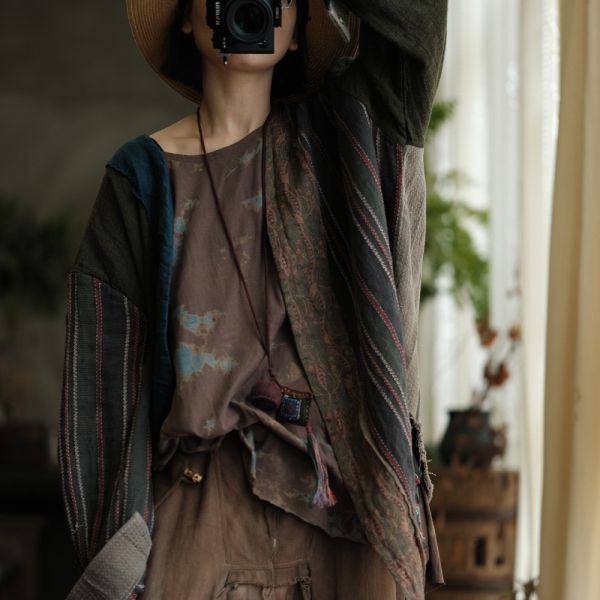 燕燕~秋款 復古文藝棉麻拼色外披薄外套 ab234901 