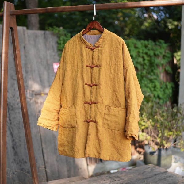 燕燕~冬季 色織亞麻加厚棉 手工縫線中長棉衣大口袋棉服棉襖外套 