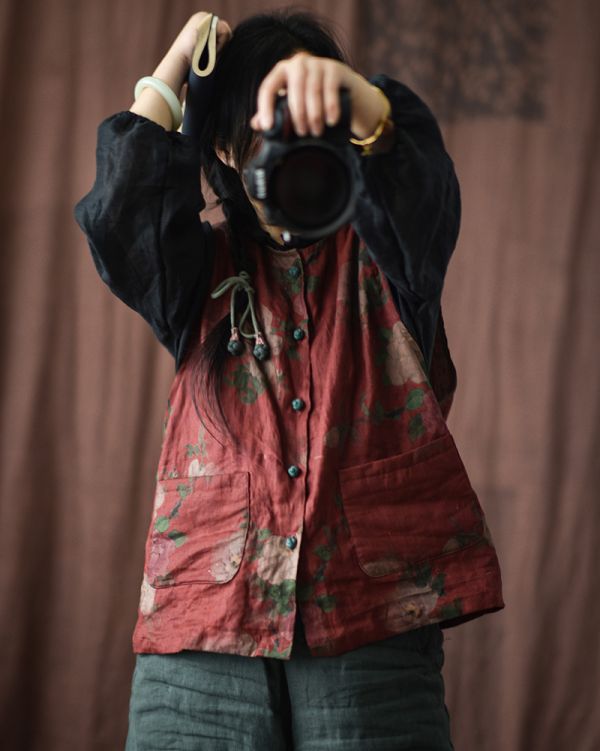 燕燕~棉麻商品~亞麻 香雲紗印花復古盤扣開衫背心 