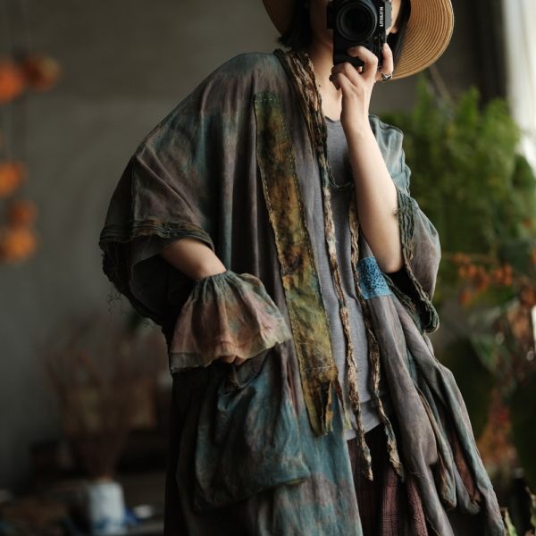 燕燕~植物染 針織棉  復古文藝貼布外披上衣 外套 ab236201 