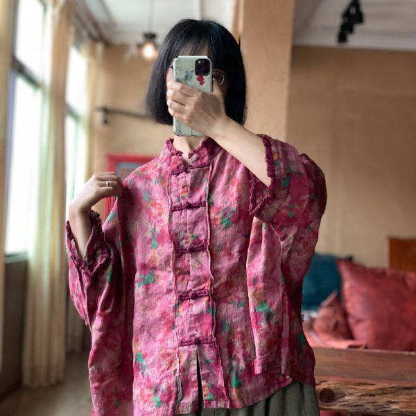 燕燕~棉麻商品~夏季新款 水洗純苧麻 數碼印花對襟小衫 上衣 長袖棉麻衫  ab206101 
