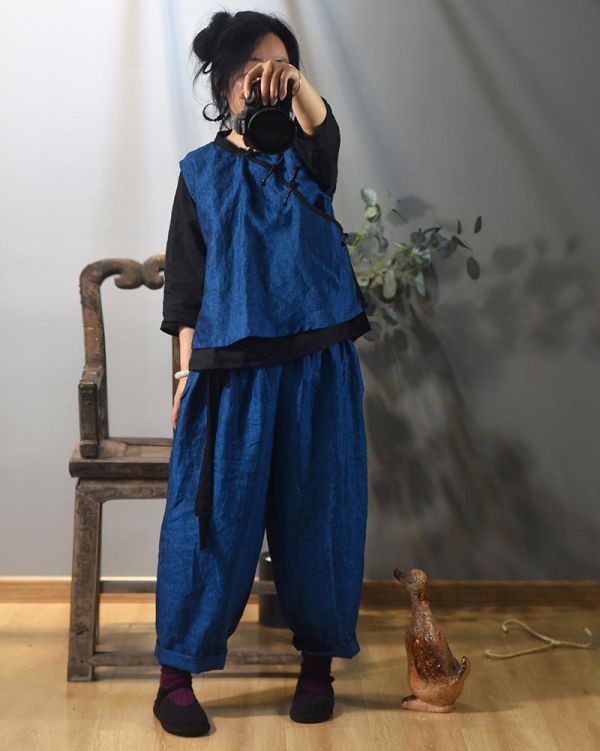 燕燕~春秋新款 色織亞麻寬鬆蘿蔔褲 休閒旅行燈籠褲禪意闊腿褲 