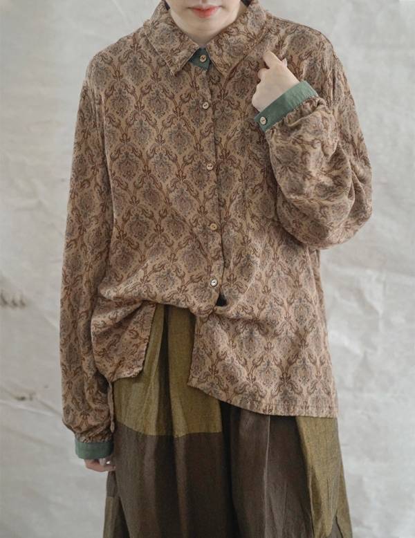 燕燕~棉麻商品~復古香雲紗材質  數碼印花百搭襯衫 文藝休閒寬鬆顯瘦長袖襯衫 上衣 ab2131801 