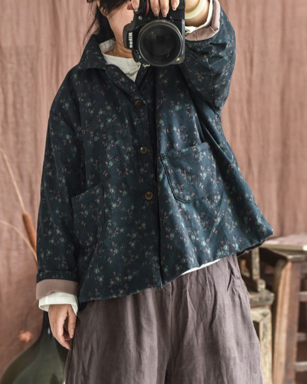 燕燕~秋冬款 森林系清新田園碎花短棉服棉襖 全棉輕薄女式棉衣外套 