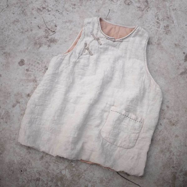 燕燕～色織亞麻 文藝復古中式盤扣夾棉寬鬆背心 