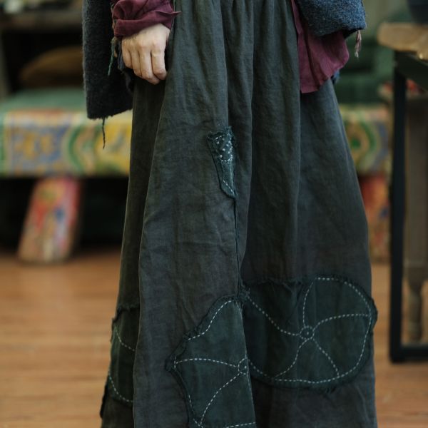 燕燕～春秋款 復古文藝高端水洗亞麻貼花長裙 