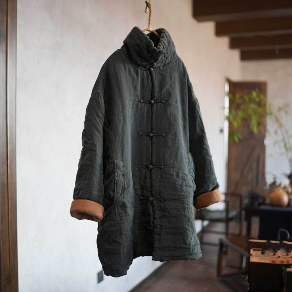 燕燕～堆領保暖 厚棉棉衣砂洗中長亞麻棉服 寬鬆棉衣 厚棉棉衣外套 ab30801 