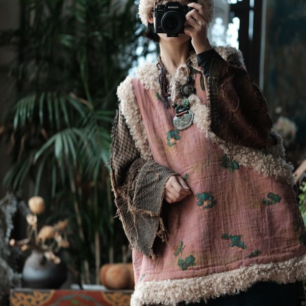 燕燕 復古斜襟盤扣羊捲毛夾棉背心棉衣棉服外套 ab2224101 