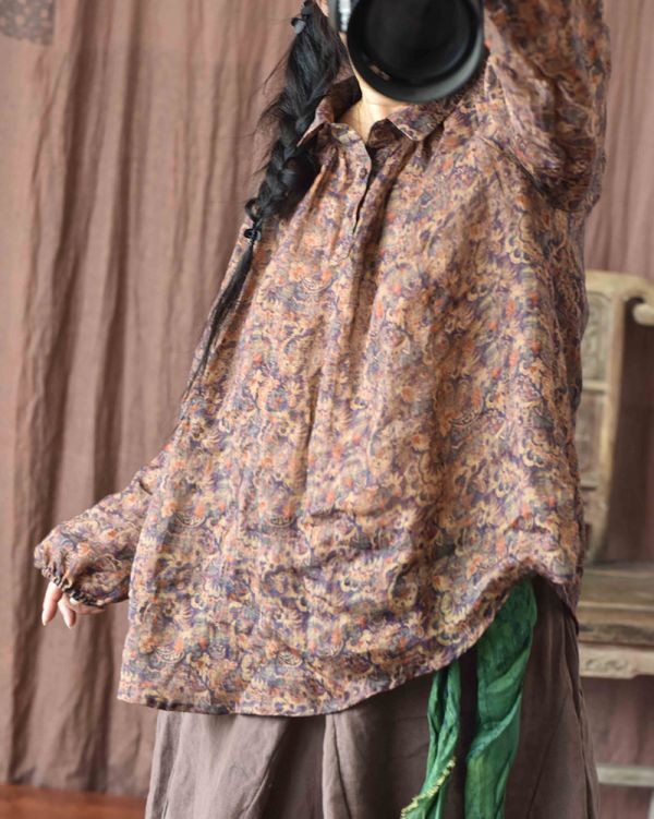 燕燕. 苧麻。四季款  文藝復古印花 寬鬆方領長袖上衣T 襯衫 長袖棉麻衫 