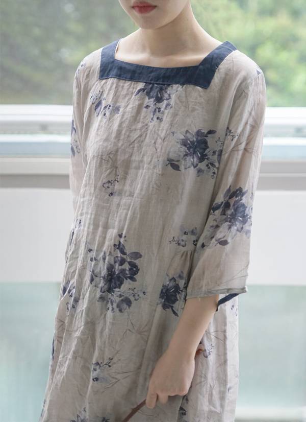燕燕棉麻～文藝印花苧麻材質 復古水墨寬鬆顯瘦長袍方領 洋裝 連身裙  ab2119001 