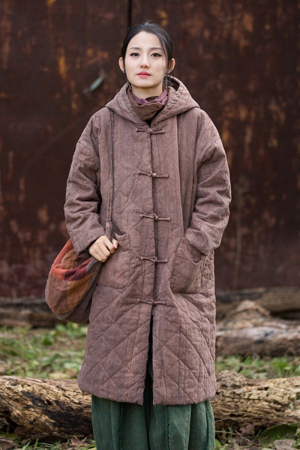 燕燕～苧麻 菱格絎縫棉服加厚保暖長款棉衣外套 
