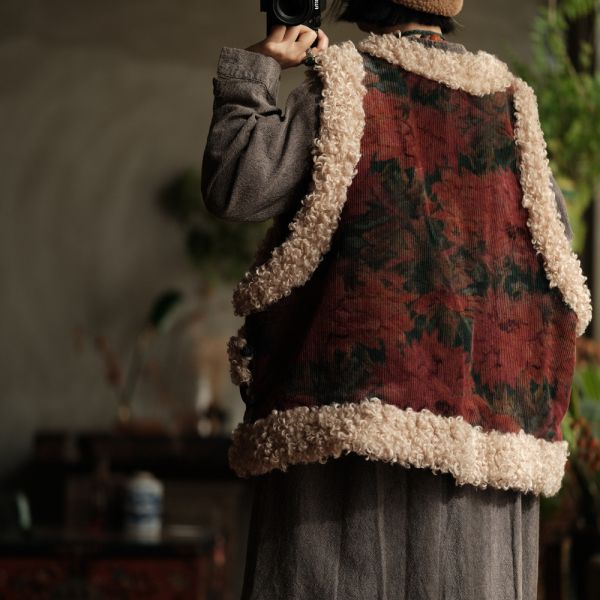 燕燕~復古燈芯絨斜襟盤扣羊捲毛夾棉背心。ab222401 