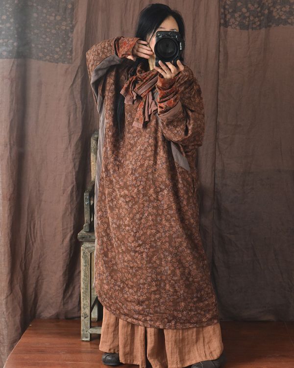 燕燕~秋季  砂洗做舊斜襟盤扣亞麻時髦花色 寬鬆洋裝 連身裙 