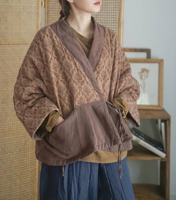 燕燕棉麻～復古中國風印花斜襟撞色夾棉外套 漢服寬鬆禪意棉衣 ab2133601 