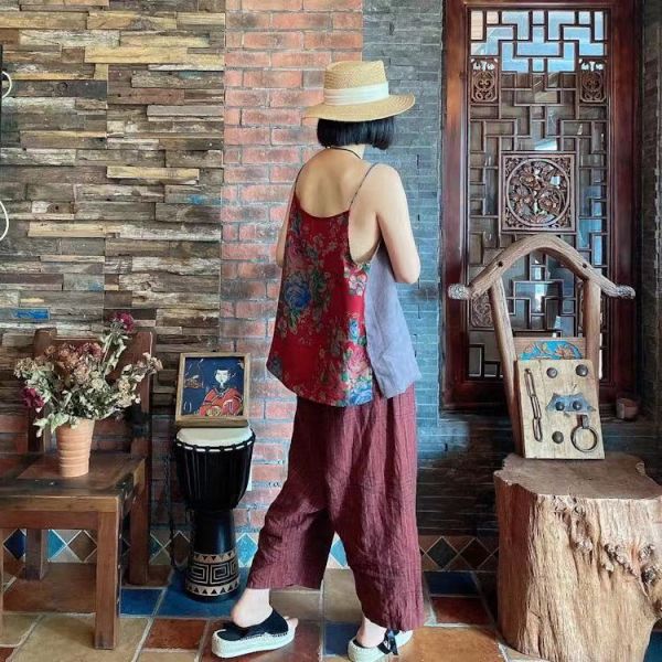 燕燕～夏款  棉麻 百搭舒適拼接前後兩穿寬鬆吊帶上衣 背心棉麻杉 