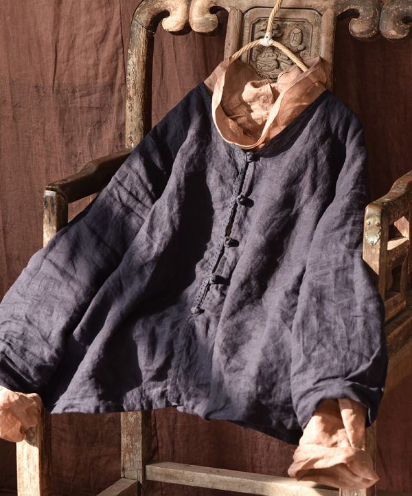 燕燕~棉麻商品~ 春秋款. 砂洗亞麻. 寬鬆文藝襯衫 手縫線開衫上衣  盤扣短外套 