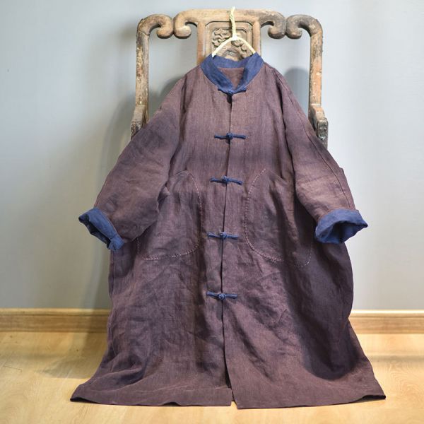 燕燕~春秋款 亞麻.  水洗做舊復古手工盤扣長袍 風衣外套 