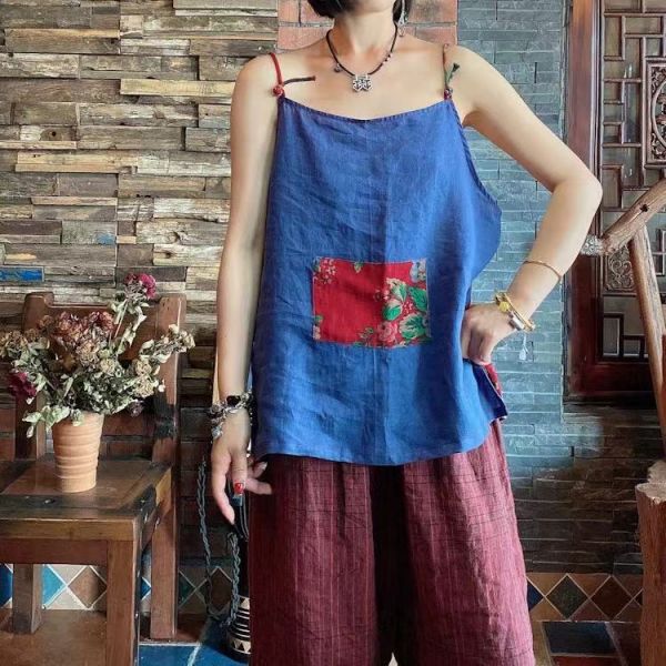 燕燕～夏款  棉麻 百搭舒適拼接前後兩穿寬鬆吊帶上衣 背心棉麻杉 