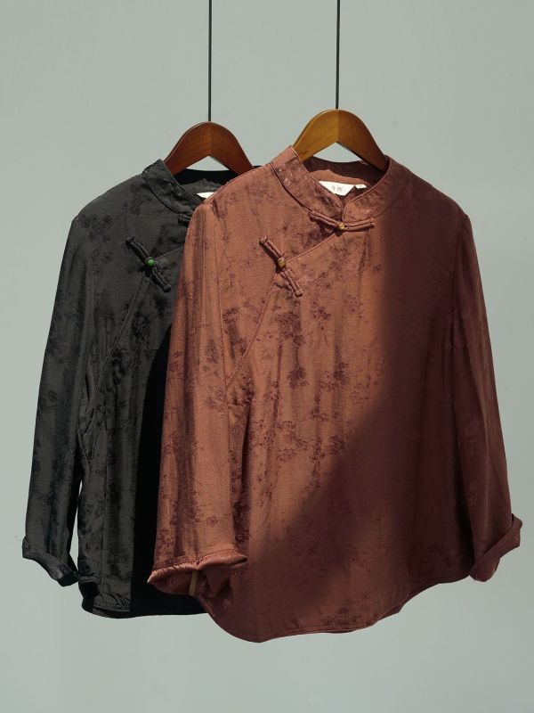 燕燕~人絲提花~輕中式禪意文藝斜襟短衫茶服上衣 襯衫。 ab2417201 