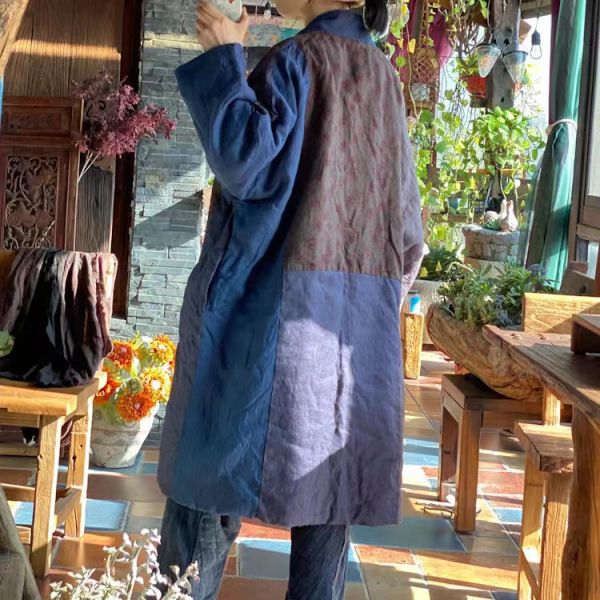 燕燕~秋冬新款 純亞麻   寬鬆繫帶拼布棉衣外套棉袍 長外套 大衣。 ab193001 