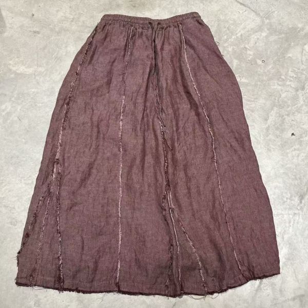 燕燕～色織亞麻拼接毛邊雙層長裙 