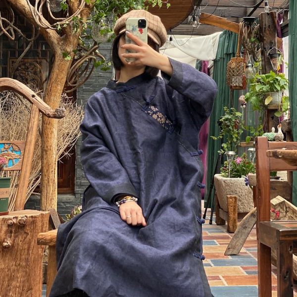 燕燕~棉麻商品~新中式色織蘭麻懷舊立領斜襟磨有里夾袍洋裝。連身裙。 ab176201 