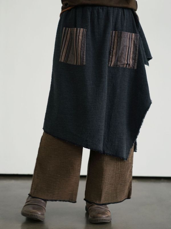 燕燕~秋冬款 復古色織棉麻個性不規則漁夫直筒褲 兩穿褲 ab2434701 